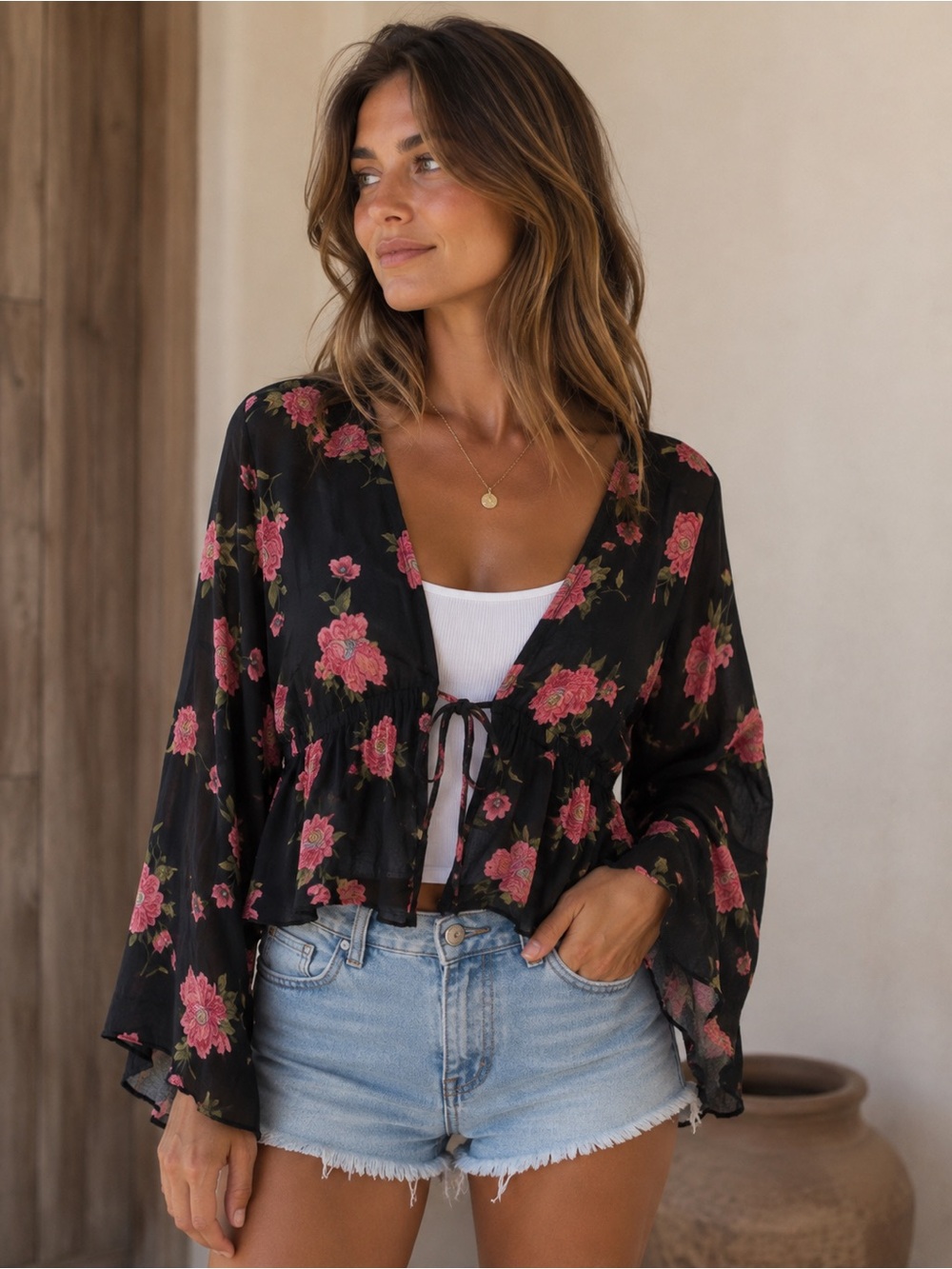Italy Floral Tie-Front Black Blouse